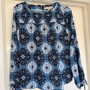 LOFT Blue Patterned Long-Sleeve Blouse